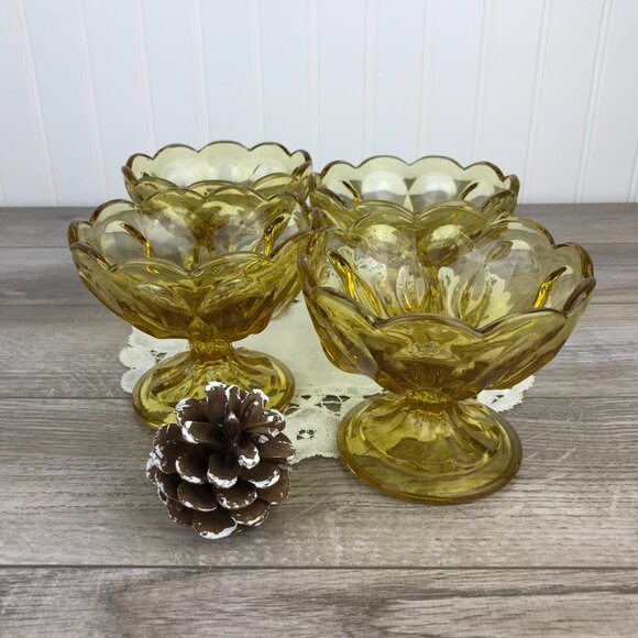 Vintage Amber Glass Footed Sherbet Bowls by Anchor Hocking, Fairfield Pattern - Picture 3 of 10